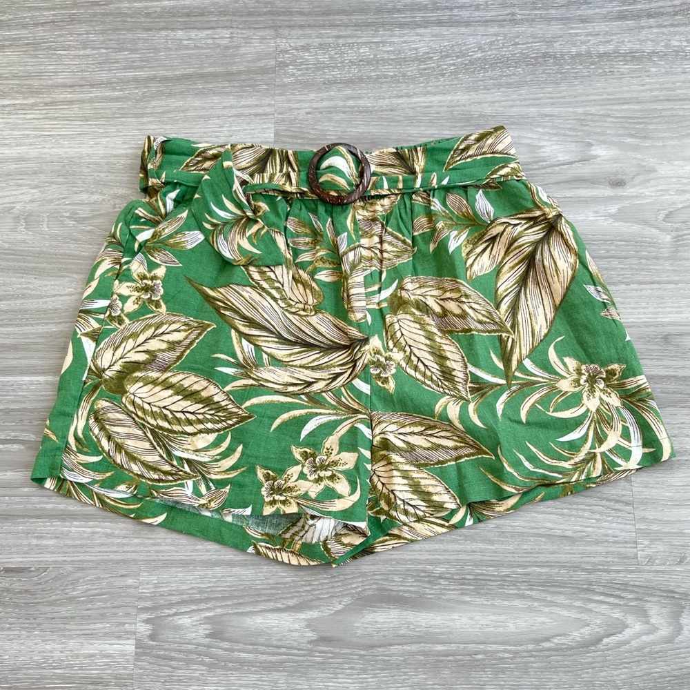 Panama Jack Hawaiian Palm Floral Linen Rayon Shorts Women S Belted Green Neutral